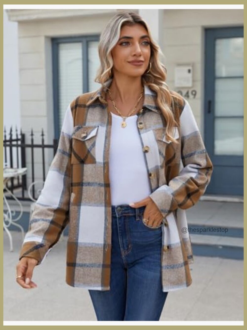 Women's Fleece Sherpa Jacket Long Sleeve Button Down Flannel Shacket Coat with - Picture 4 of 7